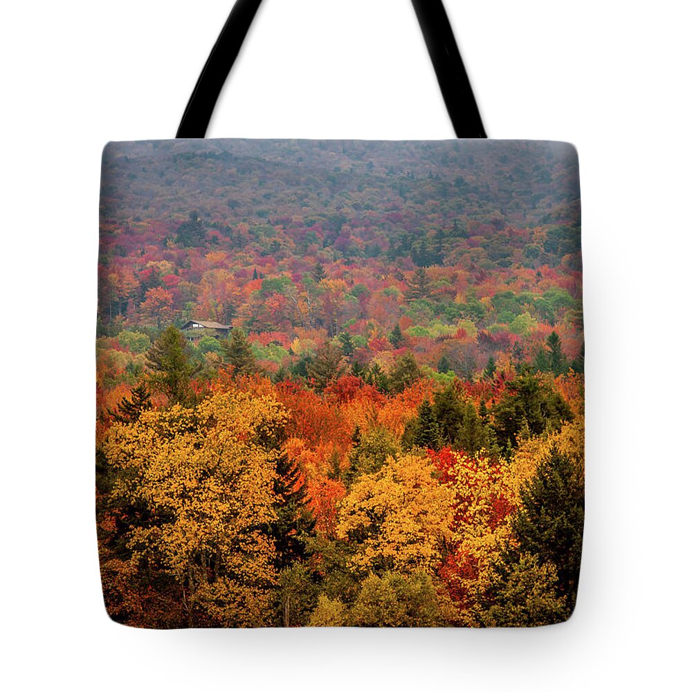 Green Mountains Tote Bag featuring the photograph Cabin in Vermont fall colors by Jeff Folger
