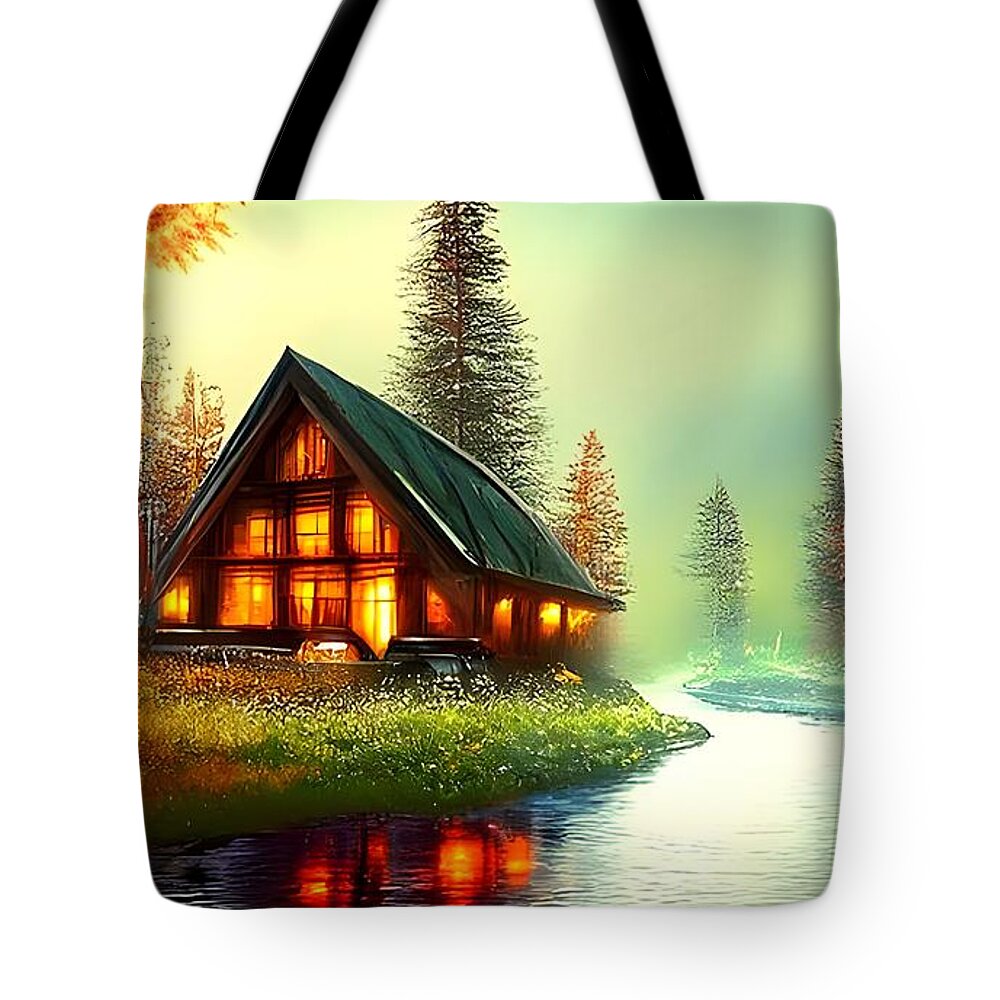 Digital Tote Bag featuring the digital art Cabin on a River by Beverly Read
