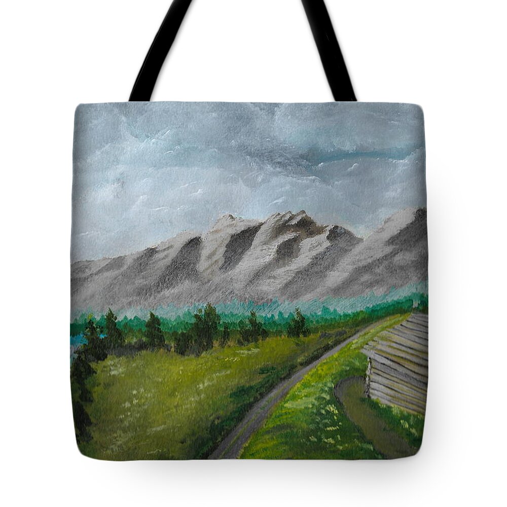 Cabin Tote Bag featuring the painting Cabin on hill by David Bigelow