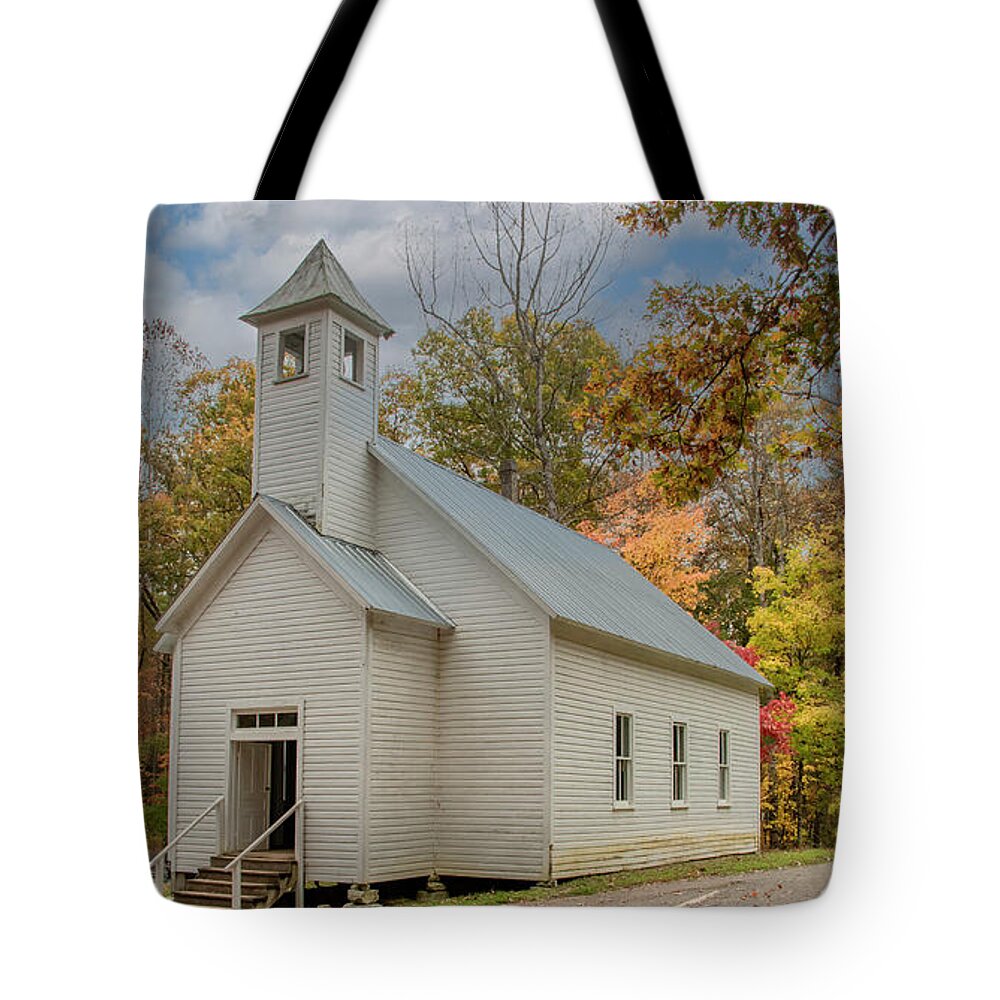 Great Smoky Mountains National Park Tote Bag featuring the photograph Cades Cove Missionary Baptist Church, Tennessee by Marcy Wielfaert