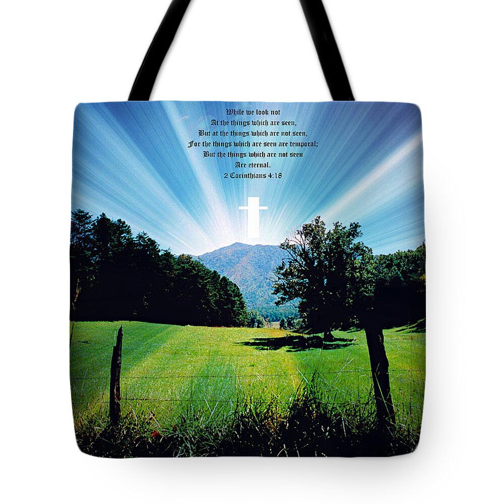 Cades Cove Tote Bag featuring the photograph Cades Cove Sunburst Md Cross 2 Cor 4vs18 by Mike McBrayer