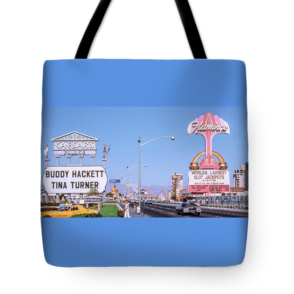 Flamingo Casino Neon Sign Tote Bag featuring the photograph Caesars Palace Casino and Flamingo Casino Marquee Signs 1970's 2 to 1 Ratio by Aloha Art