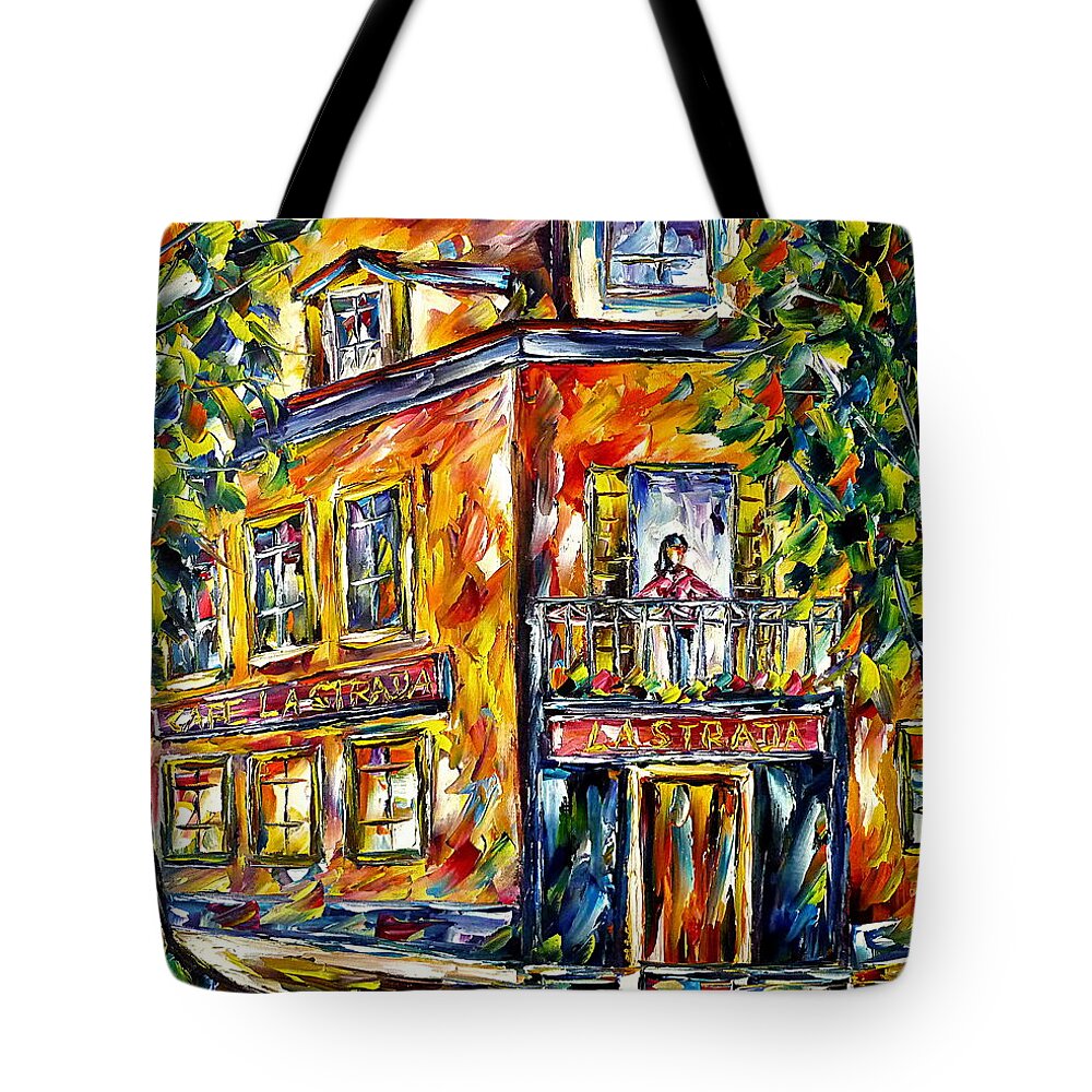 Woman On Balcony Tote Bag featuring the painting Cafe La Strada by Mirek Kuzniar