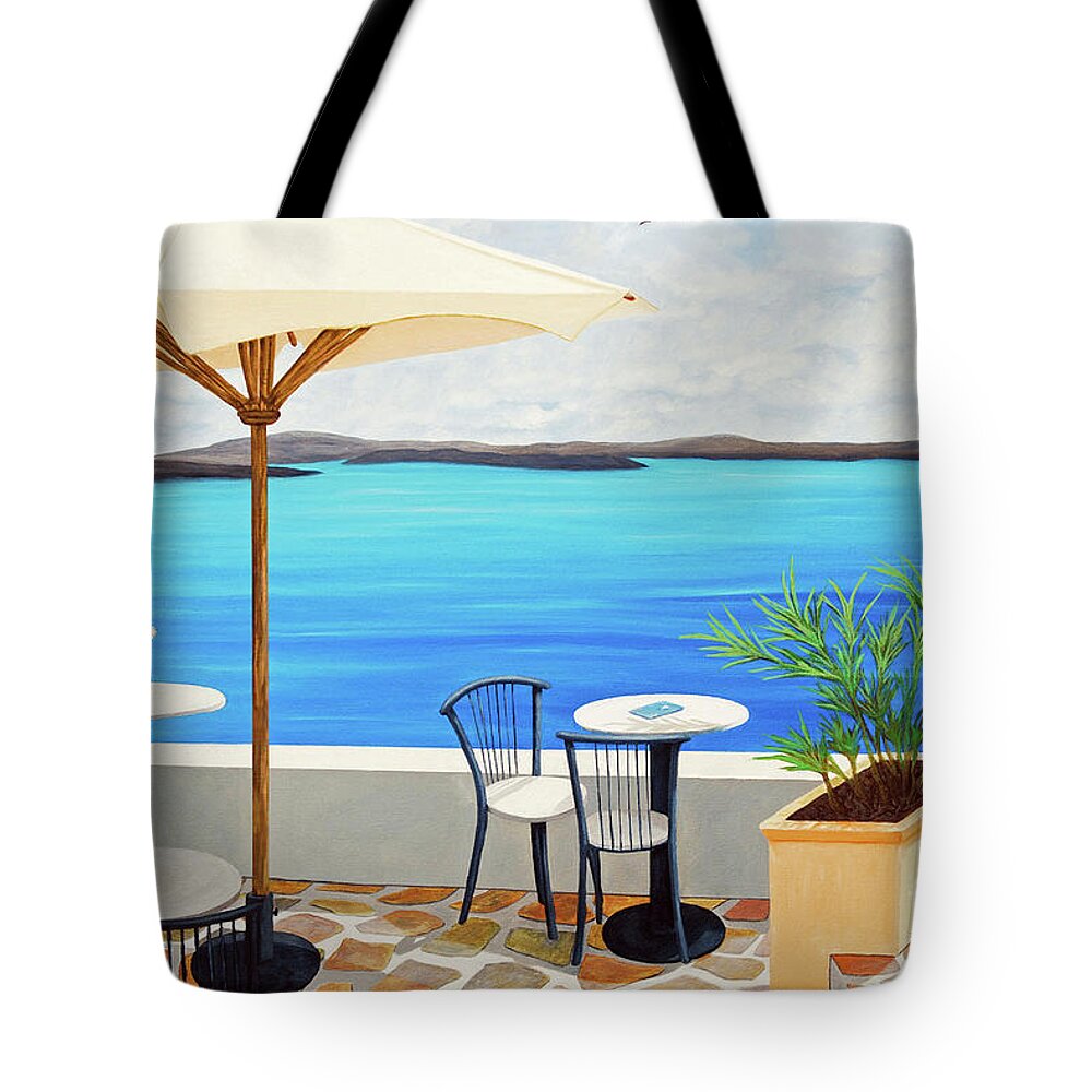 Santorini Tote Bag featuring the painting CAFE ON THE RIM, Santorini-prints of oil painting by Mary Grden
