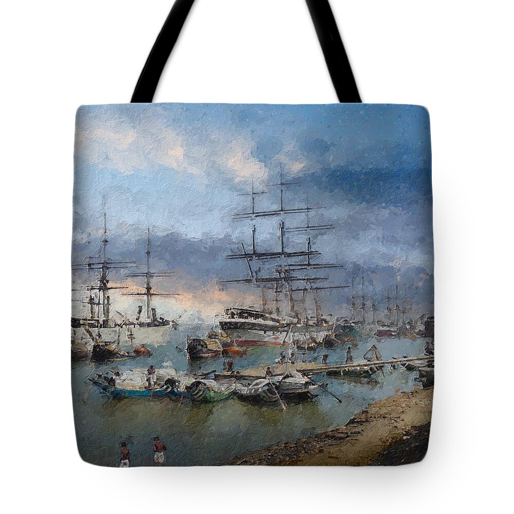 Sailing Ship Tote Bag featuring the digital art Calcutta in the age of sail by Geir Rosset