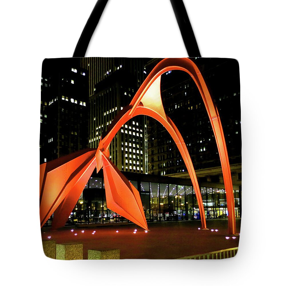 Architecture Tote Bag featuring the photograph Calder Flamingo Sculpture Chicago Night by Patrick Malon