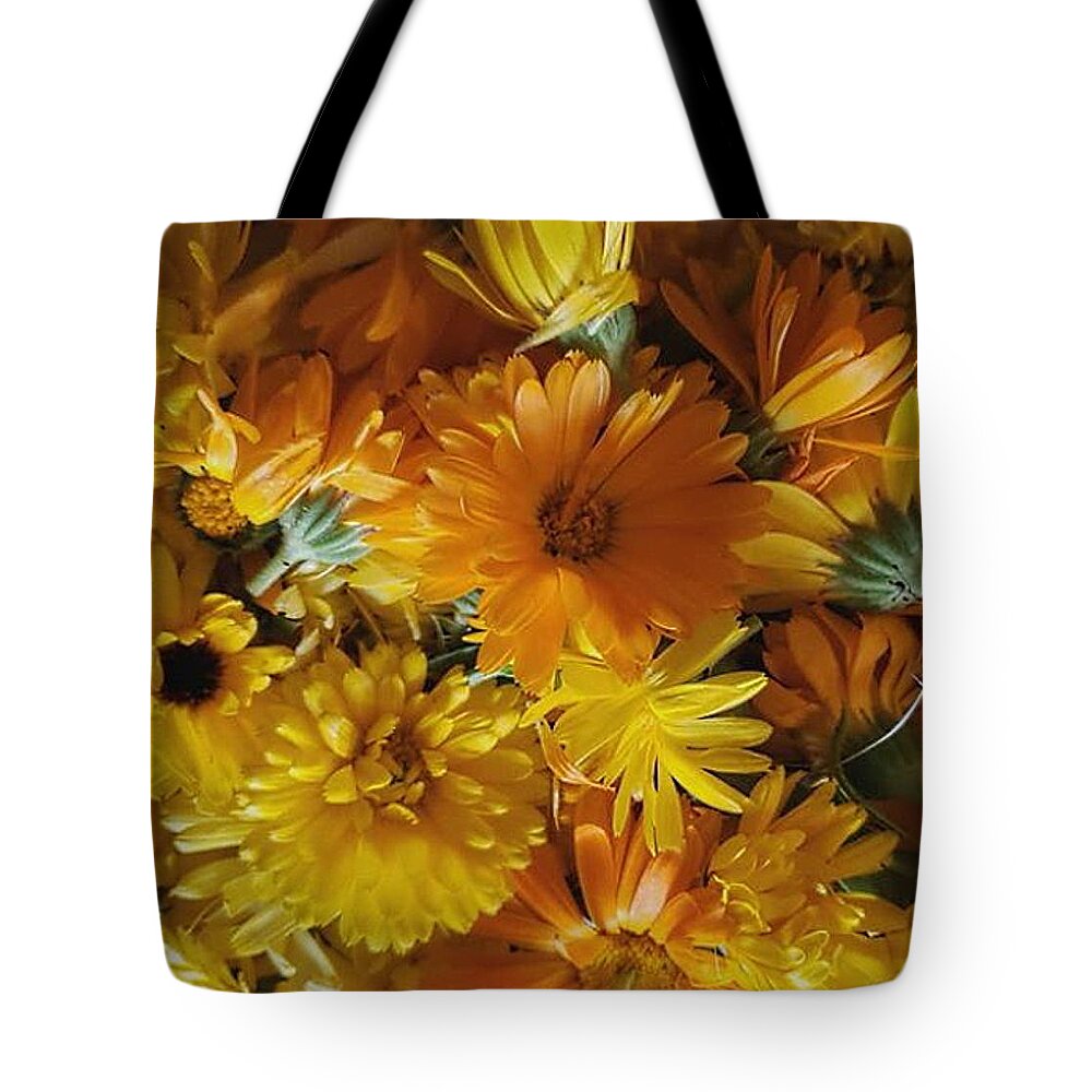 Orange Tote Bag featuring the photograph Calendula Blossom Sunrise by Vicki Noble
