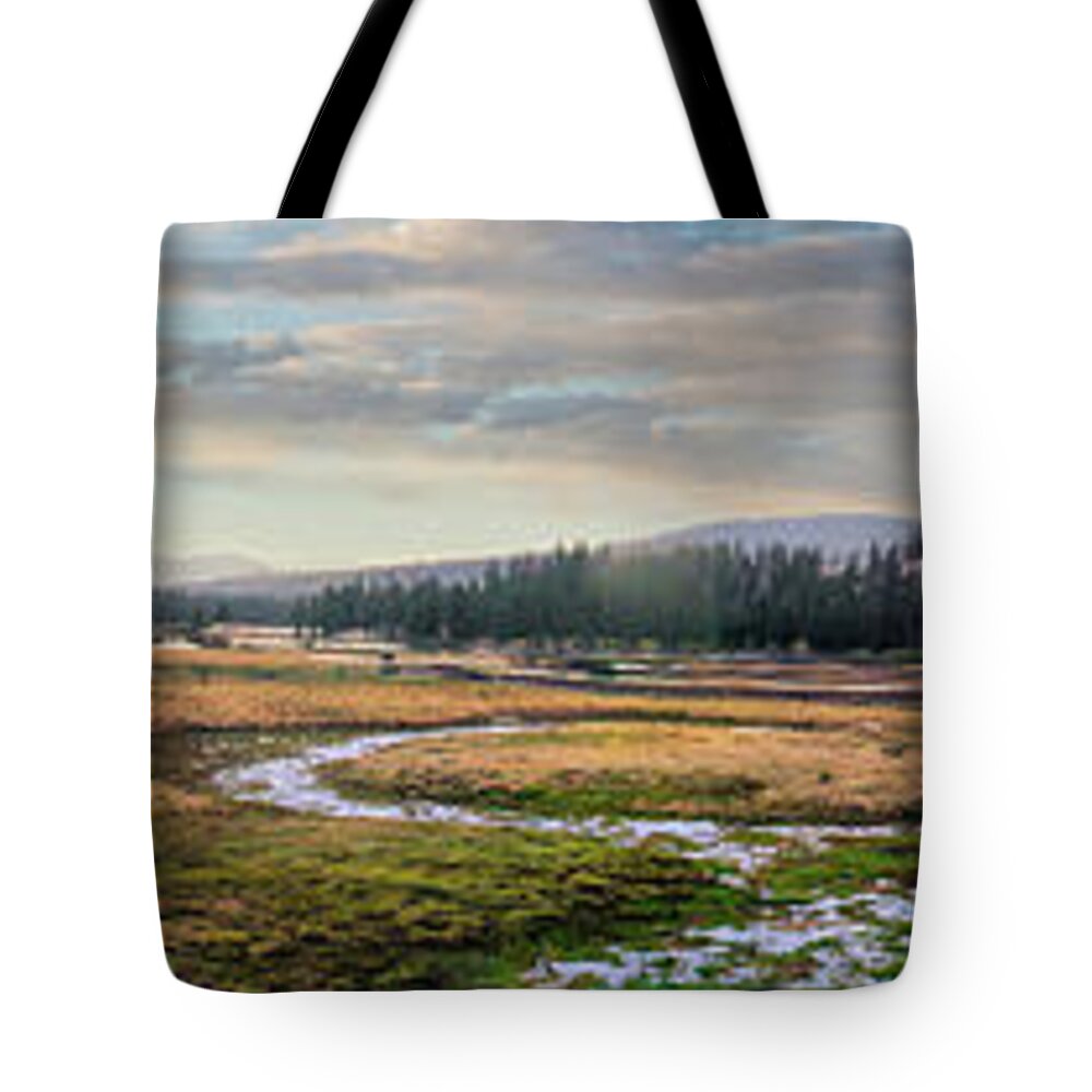 California Tote Bag featuring the photograph California Mountains Tioga Meadow Stream panorama by Dan Carmichael