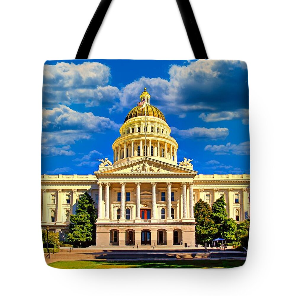 California State Capitol Tote Bag featuring the digital art California State Capitol in Sacramento - digital painting by Nicko Prints
