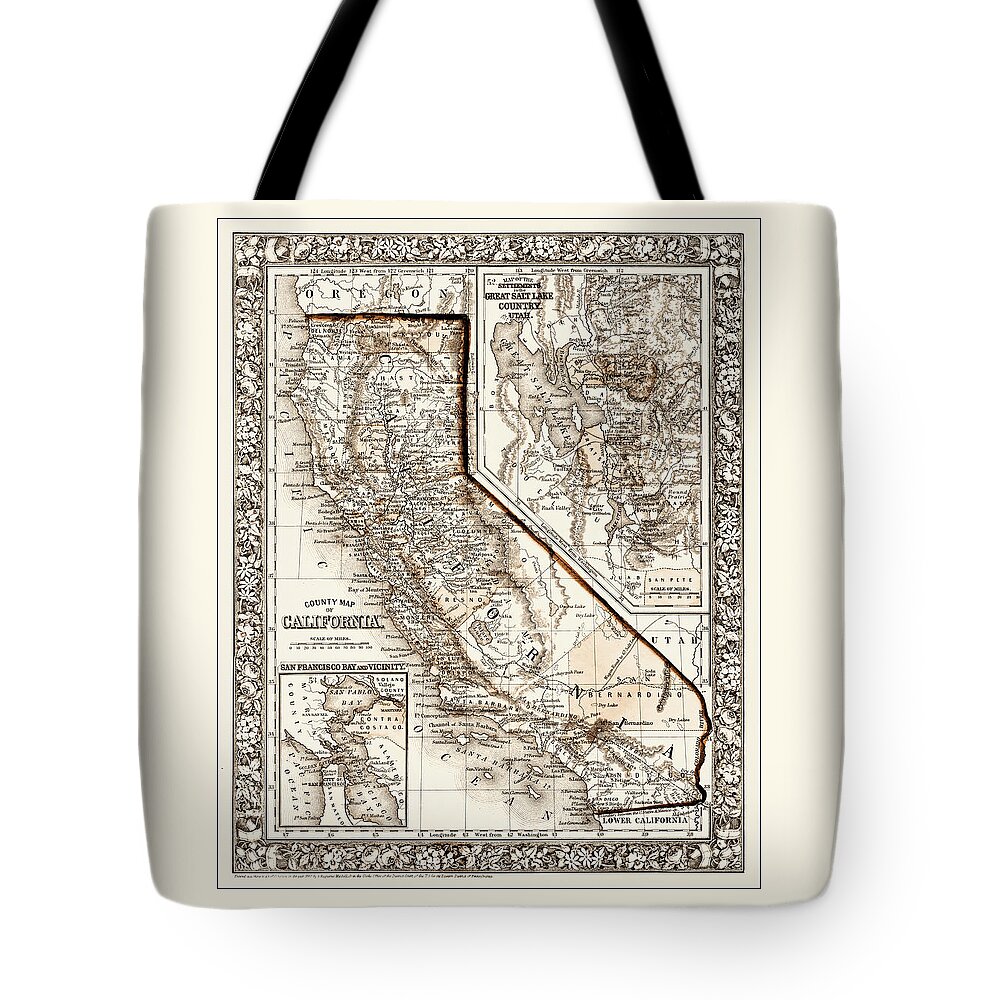 California Tote Bag featuring the photograph California Vintage County Map 1860 Sepia by Carol Japp