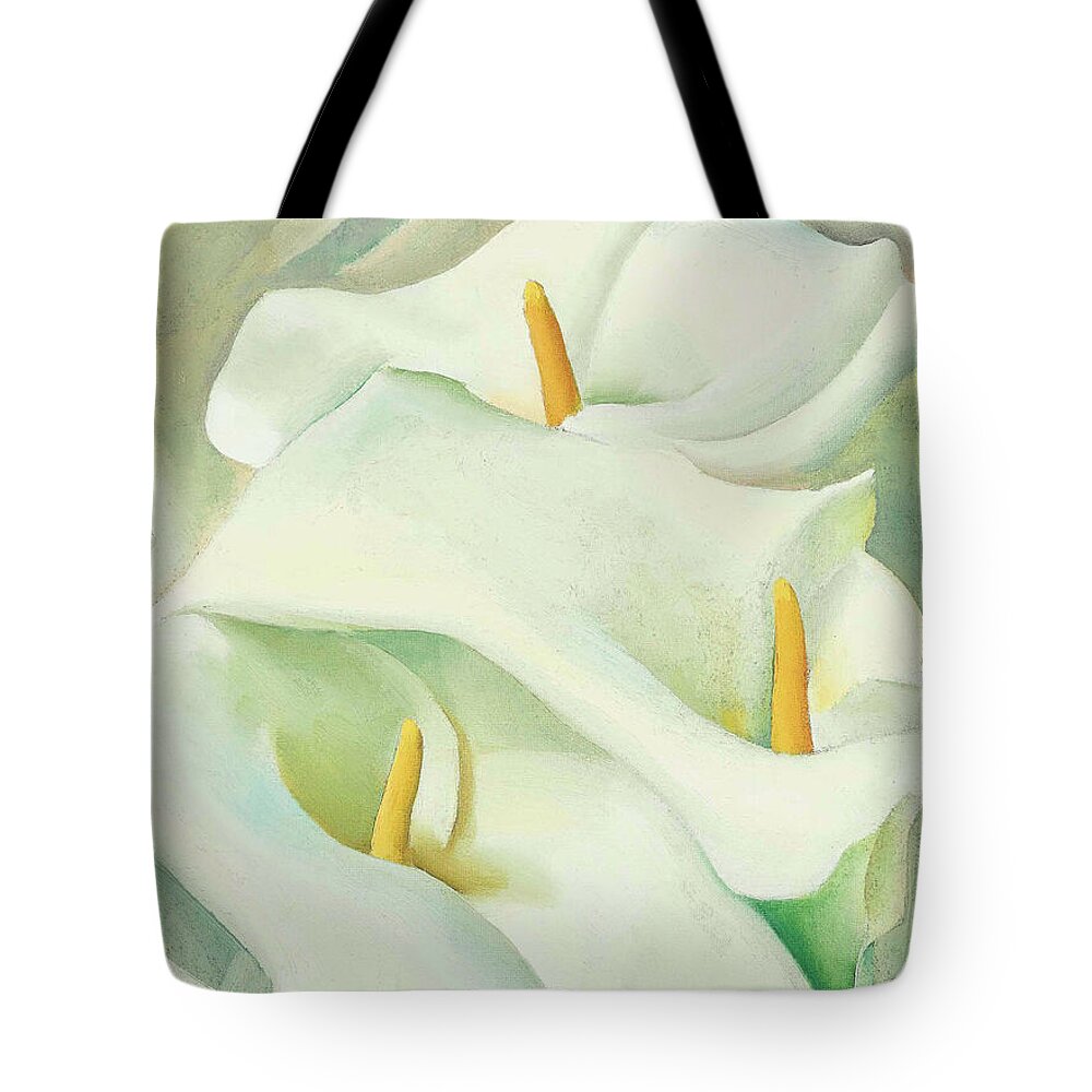 Georgia O'keeffe Tote Bag featuring the painting Calla lilies - Modernist flower painting by Georgia O'Keeffe