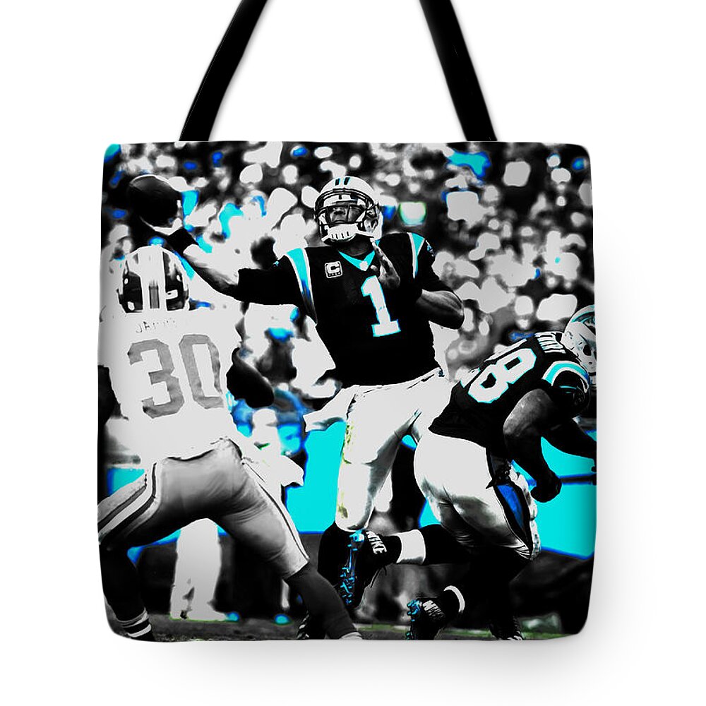 Cam Newton Tote Bag featuring the mixed media Cam Newton Letting it Fly by Brian Reaves