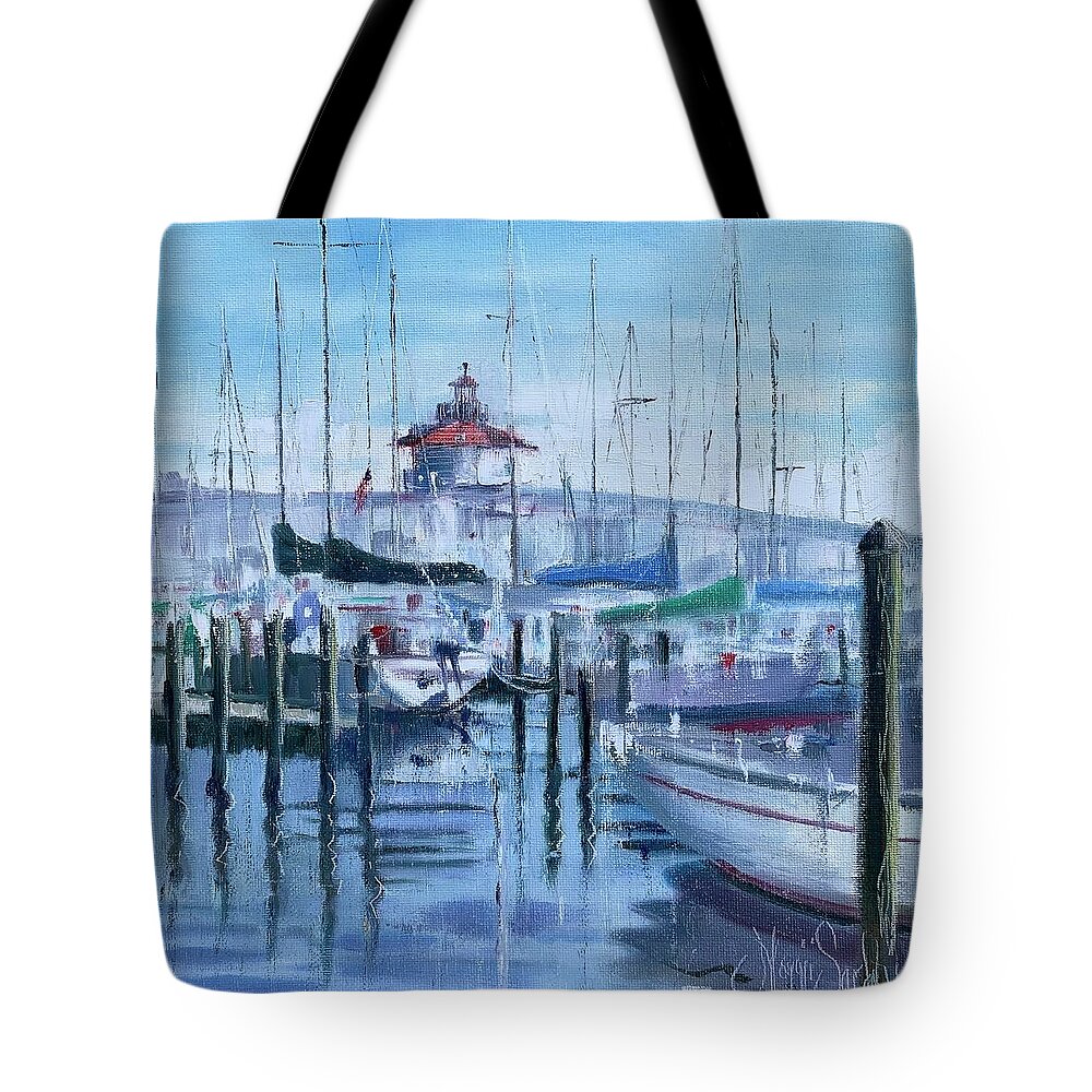 Boats Tote Bag featuring the painting Cambridge Harbor by Maggii Sarfaty