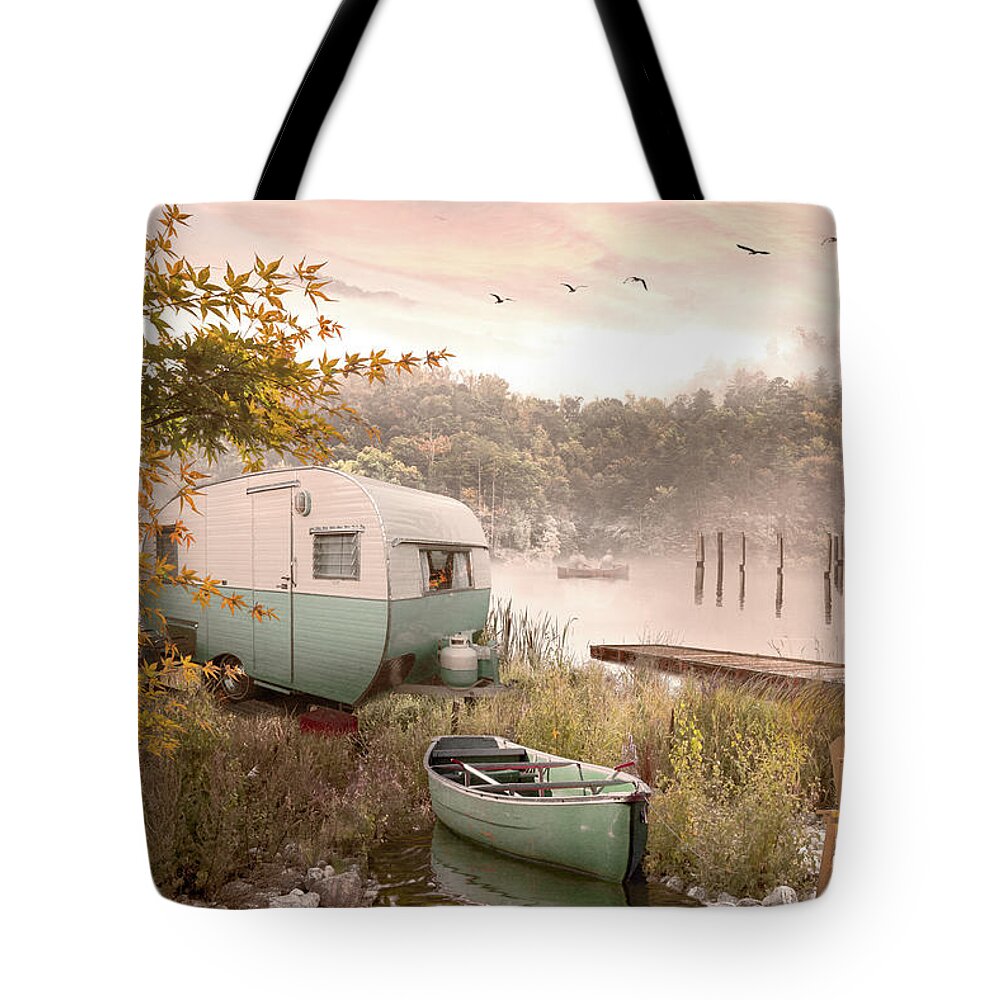 Camper Tote Bag featuring the photograph Camping at the Cottage Lake by Debra and Dave Vanderlaan