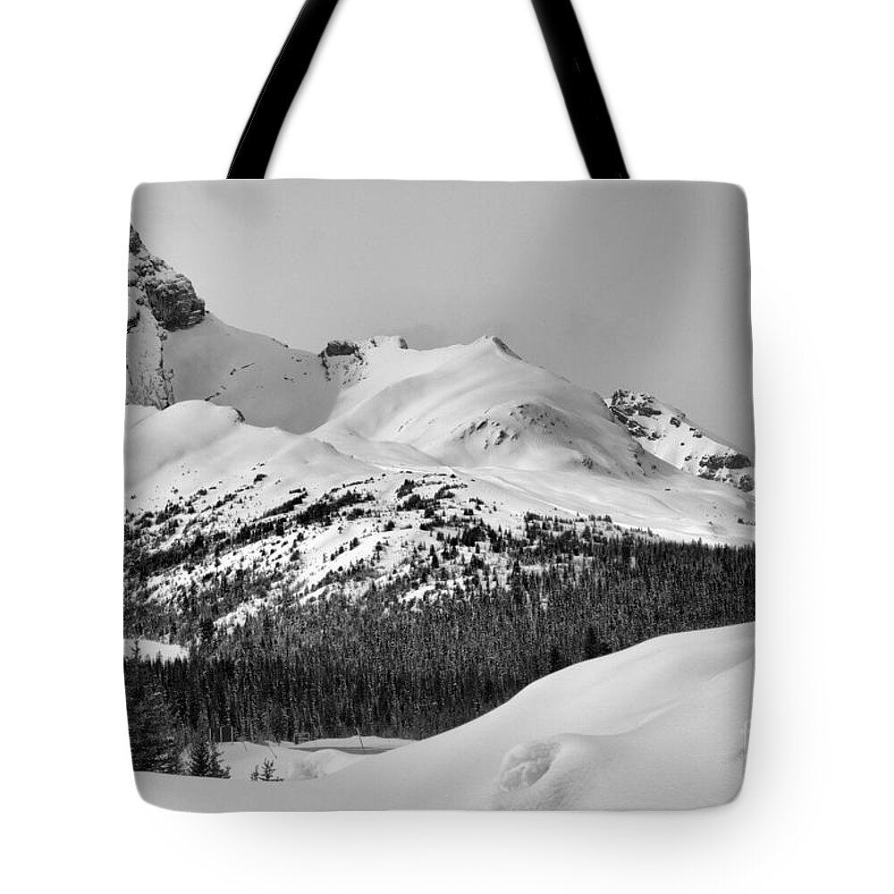 Canadian Tote Bag featuring the photograph Canadian Rockies Winter Peak Black And White by Adam Jewell