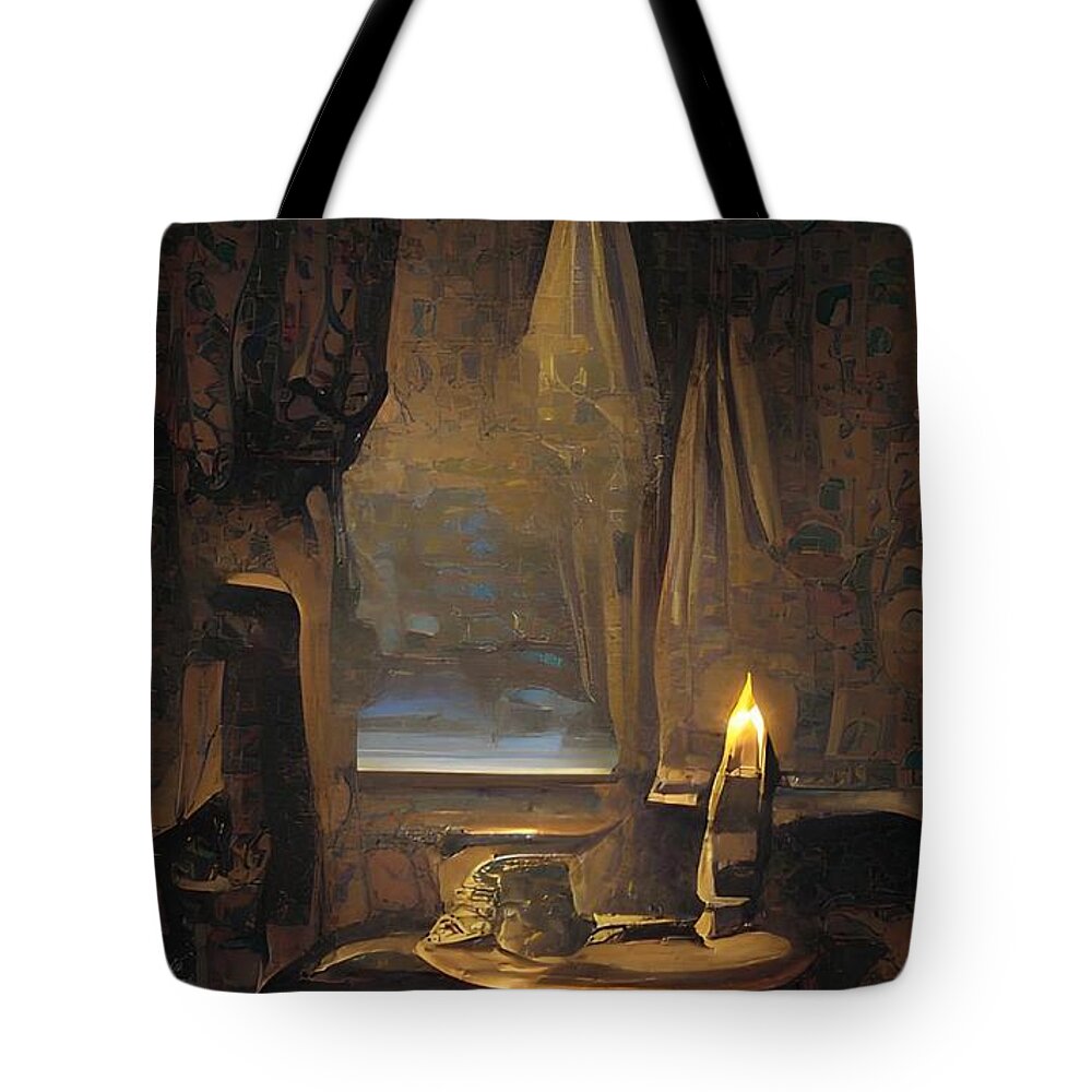 Still Life Tote Bag featuring the digital art Candle in a Window vintage still life by Bonnie Bruno
