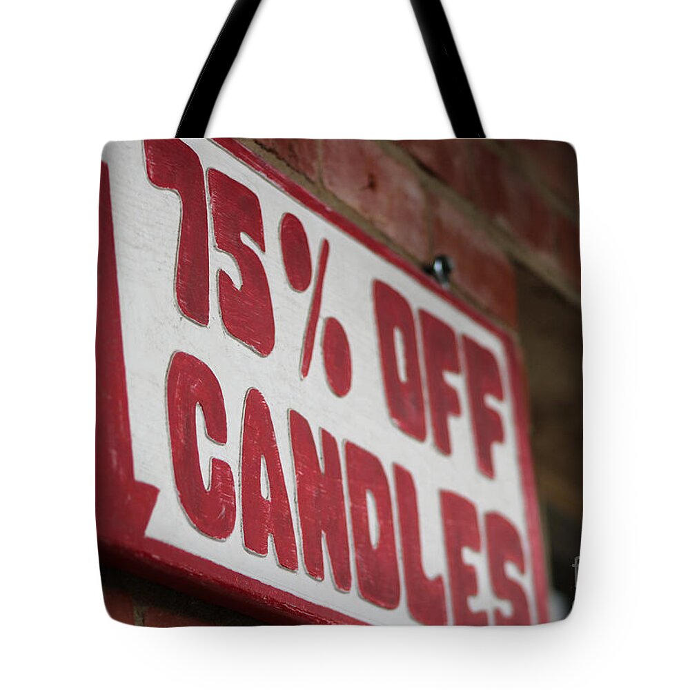 Oddity Tote Bag featuring the photograph Candle Sale Sign in Solvang CA by Colleen Cornelius