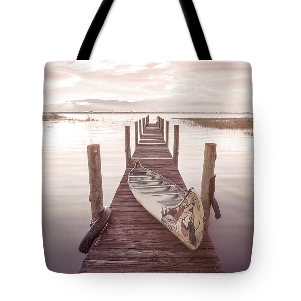 Dock Tote Bag featuring the photograph Canoe on the Cottage Dock by Debra and Dave Vanderlaan