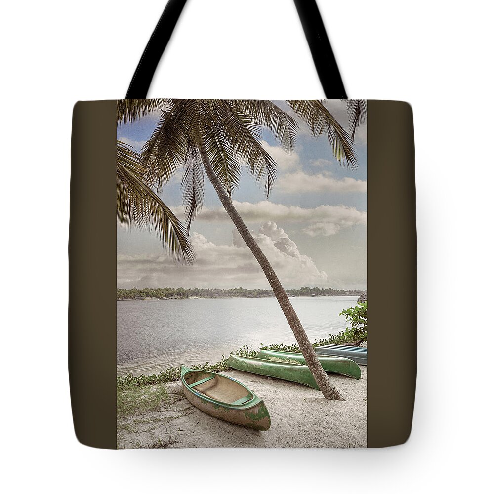 African Tote Bag featuring the photograph Canoes Waiting on the Beach in Soft Cottage Hues by Debra and Dave Vanderlaan