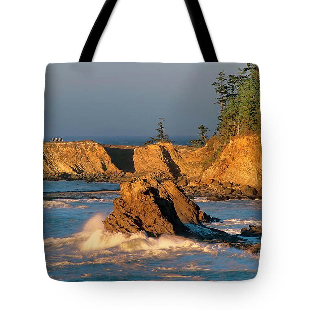 Dave Welling Tote Bag featuring the photograph Cape Arago Lighthouse At Sunset Oregon by Dave Welling