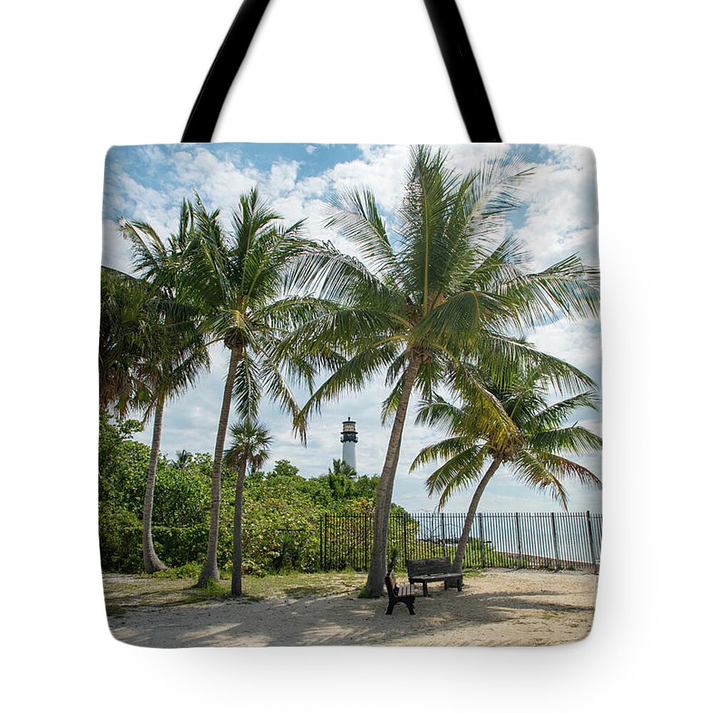 Cape Tote Bag featuring the photograph Cape Florida Lighthouse and Palm Trees on Key Biscayne by Beachtown Views