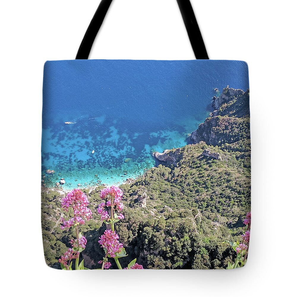 Capri Tote Bag featuring the photograph Capri, sea and flowers by Yvonne Jasinski