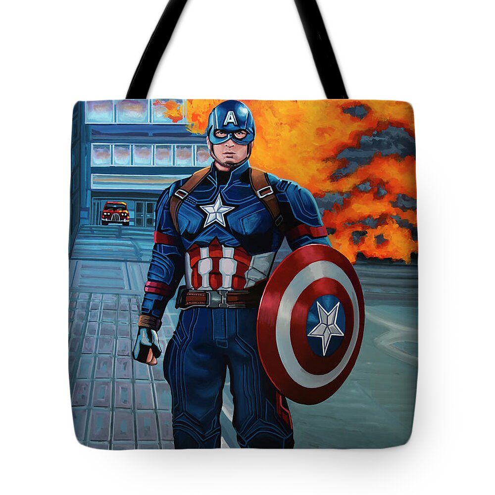 America Tote Bag featuring the painting Captain America Painting by Paul Meijering