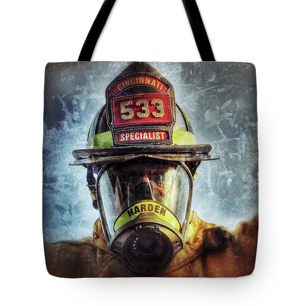 Firefighter Fireman Mask Fire Helmet Specialist Cincinnati Fire Department Tote Bag featuring the photograph Car 533 by Al Harden