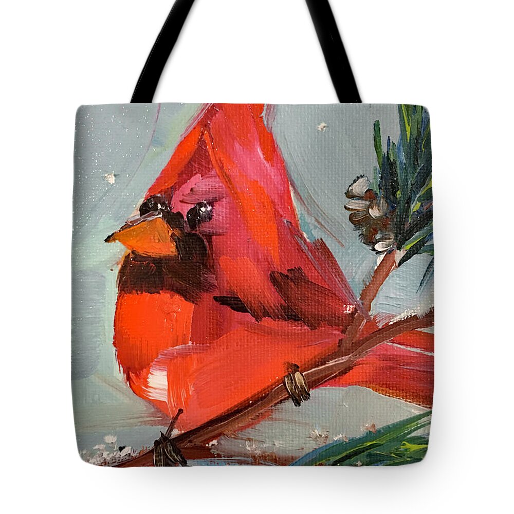 Cardinal Tote Bag featuring the painting Cardinal in a Fir Tree by Roxy Rich