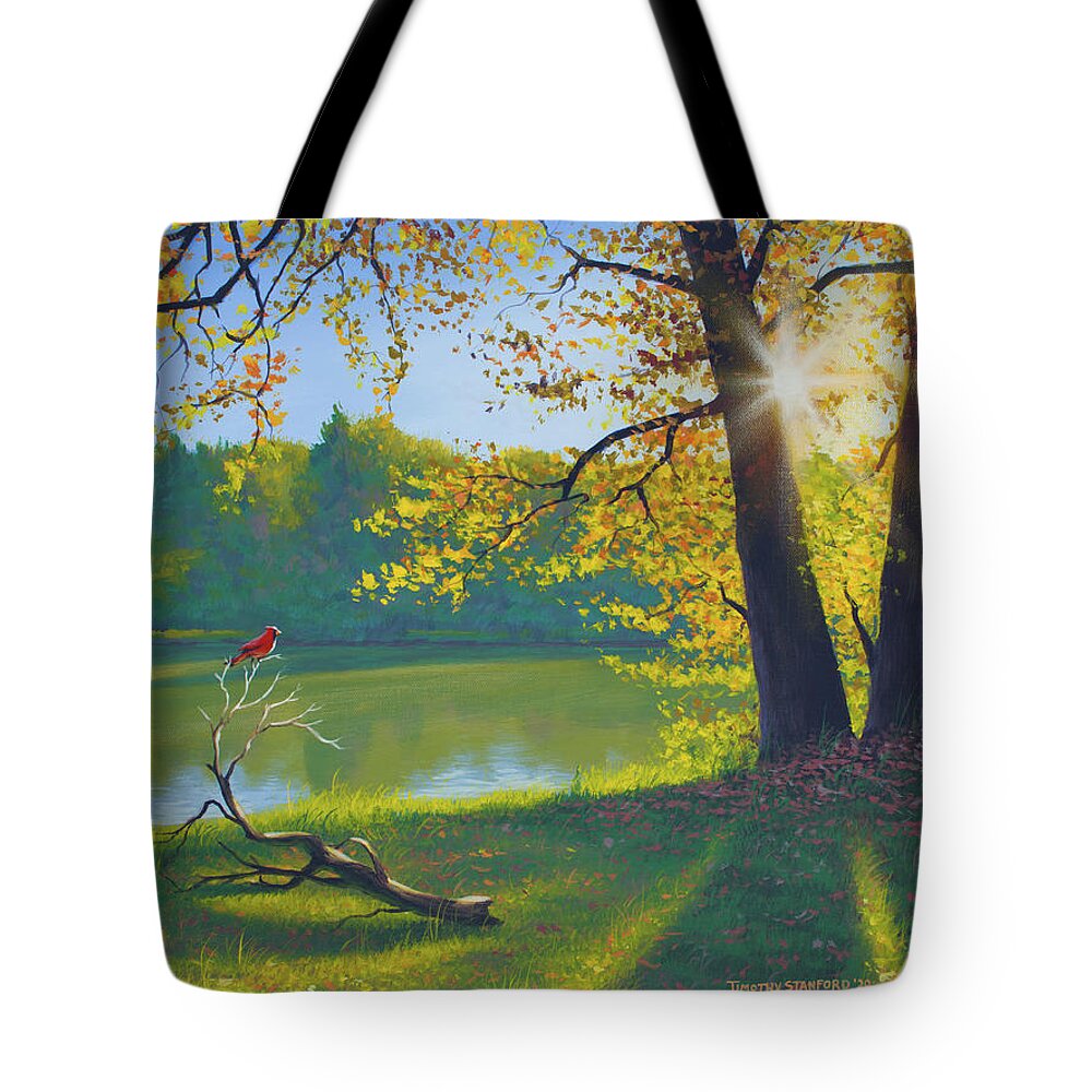Acrylic Tote Bag featuring the painting Cardinal Morning by Timothy Stanford
