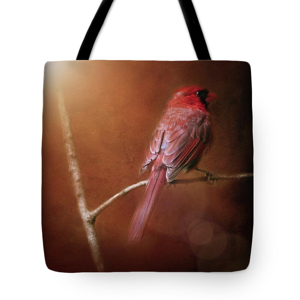 Texture Tote Bag featuring the photograph Cardinal on Red by Marjorie Whitley