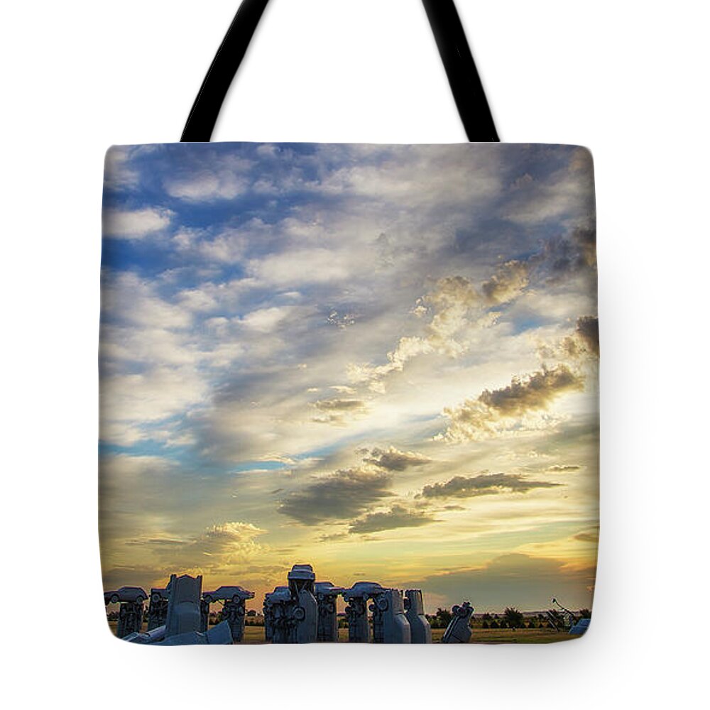 Carhenge Tote Bag featuring the photograph Carhenge Under the Labor Day Sunrise by Steve Sullivan