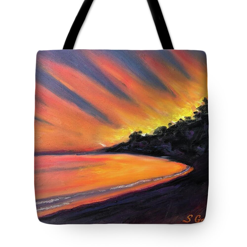 Sunrise Tote Bag featuring the painting Morning Glow, sunrise at Comier- Plage, Haiti by Shirley Galbrecht