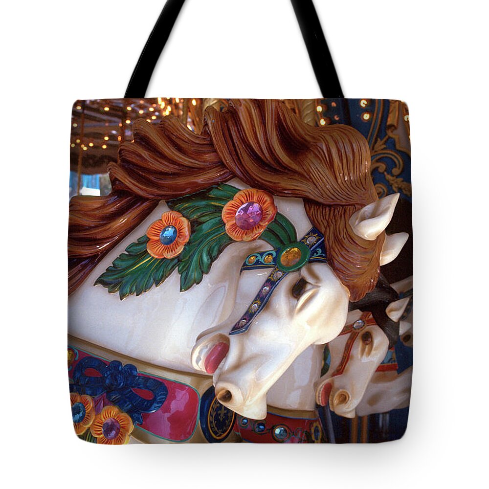 Carousel Tote Bag featuring the photograph carousel horses colorful photograph - Romping Redhead by Sharon Hudson