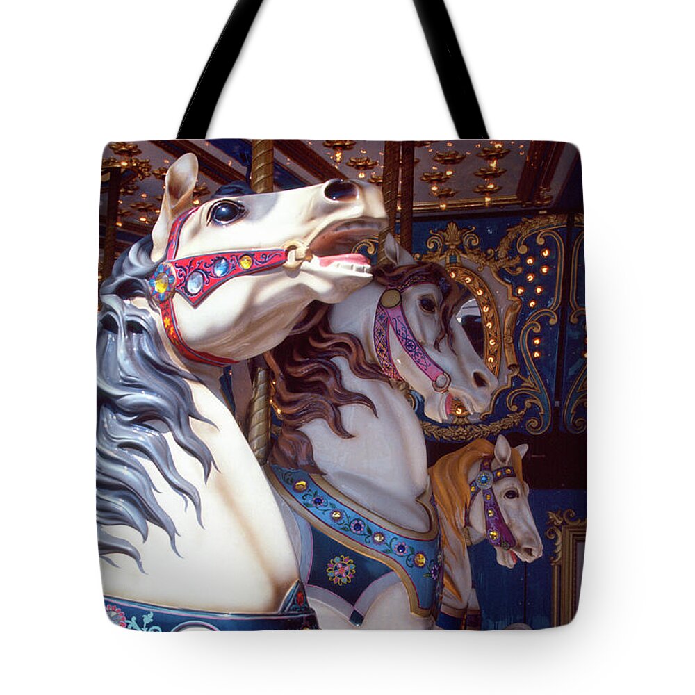 Carousel Tote Bag featuring the photograph carousel horse photographs - Three White Horses by Sharon Hudson