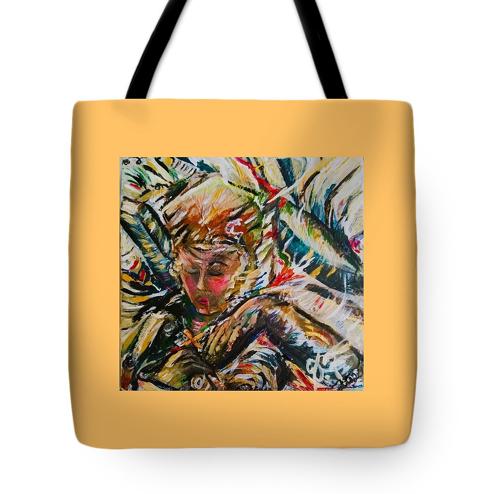 Portrait Tote Bag featuring the painting Carry the Cross by Dawn Caravetta Fisher