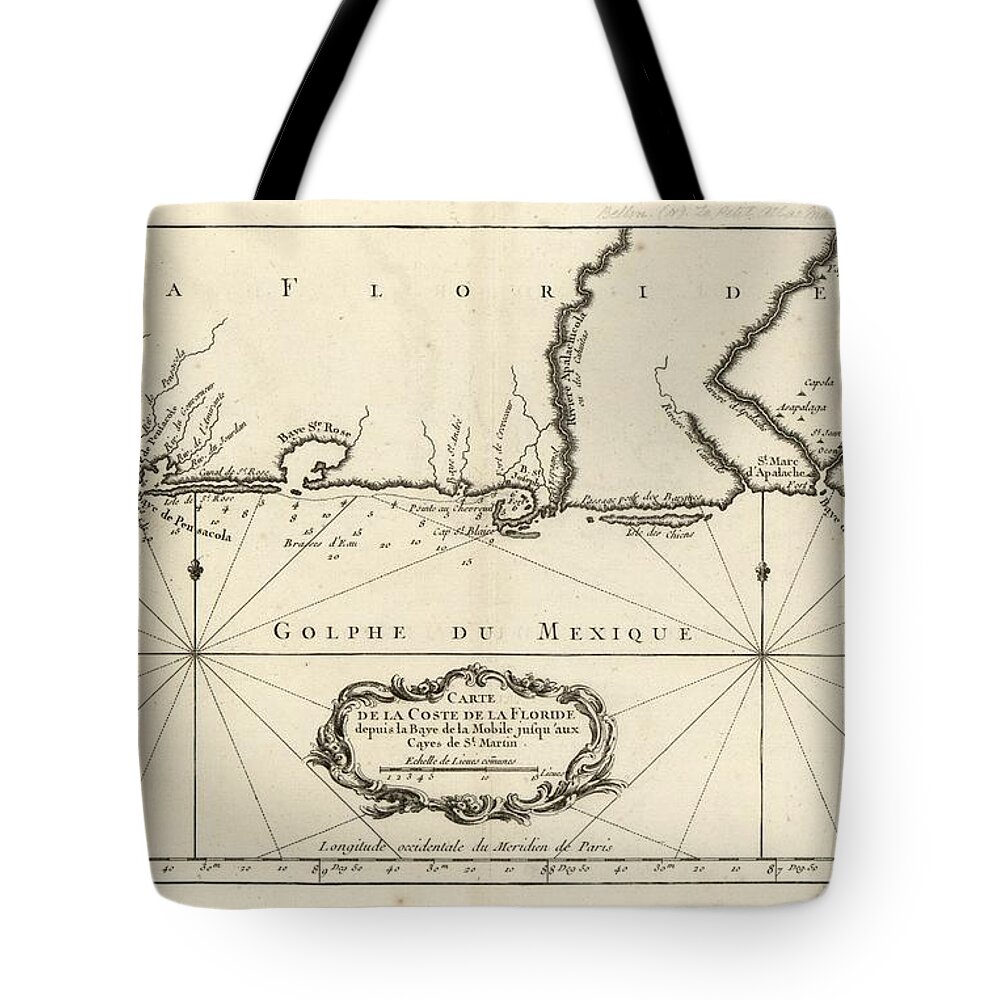 Map Tote Bag featuring the painting Carte de la coste de la Floride depuis la baye de la Mobile jusqu' aux cayes de St. Martin. LOC 7469 by MotionAge Designs