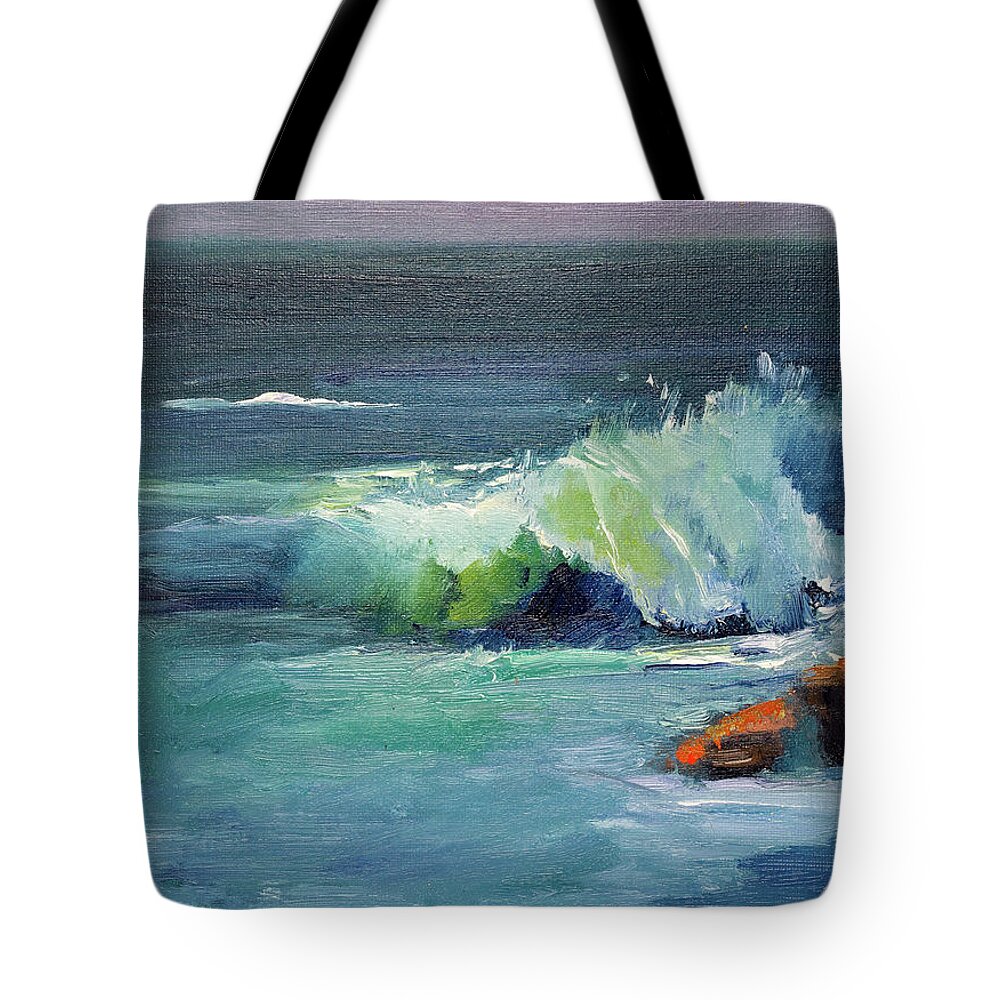Blue Tote Bag featuring the painting Crashing Wave by Radha Rao