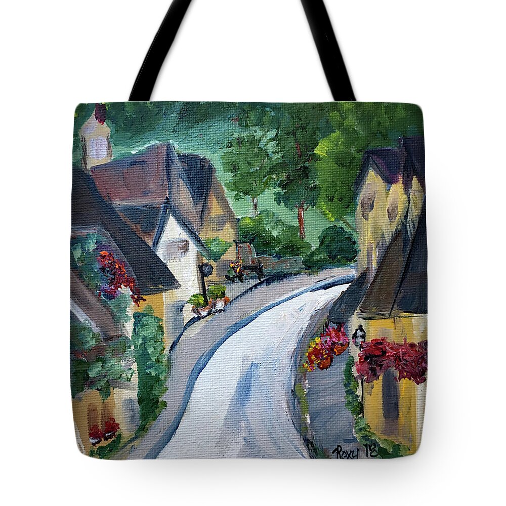 Castle Combe Tote Bag featuring the painting Castle Combe view from Town Square by Roxy Rich