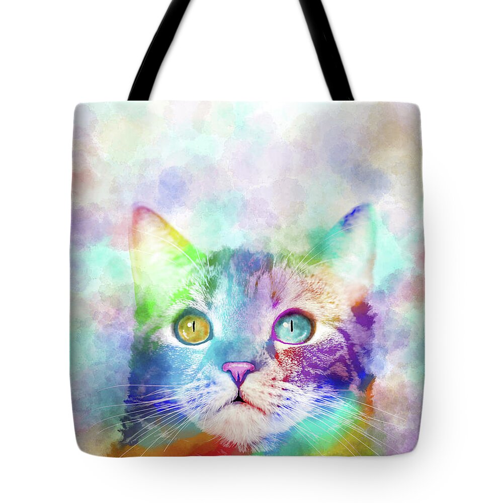 Cat Tote Bag featuring the digital art Cat 663 multicolor cat by artist Lucie Dumas by Lucie Dumas
