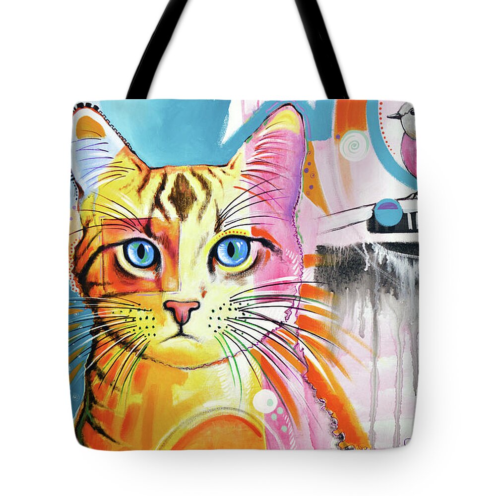 Cat Art Tote Bag featuring the painting Cat and Bird by Amy Giacomelli