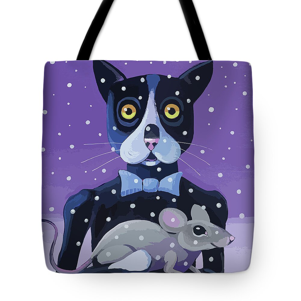 Cat Tote Bag featuring the painting Cat Holding Dinner by Mike Lawrence