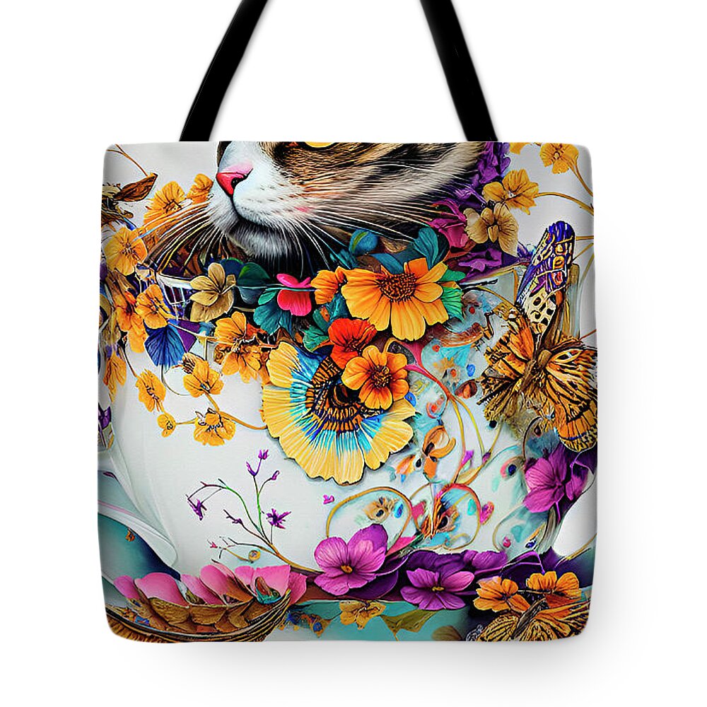 Digital Art Tote Bag featuring the digital art Cat In A Cup Ginette In Wonderland Digital Art by Ginette Callaway