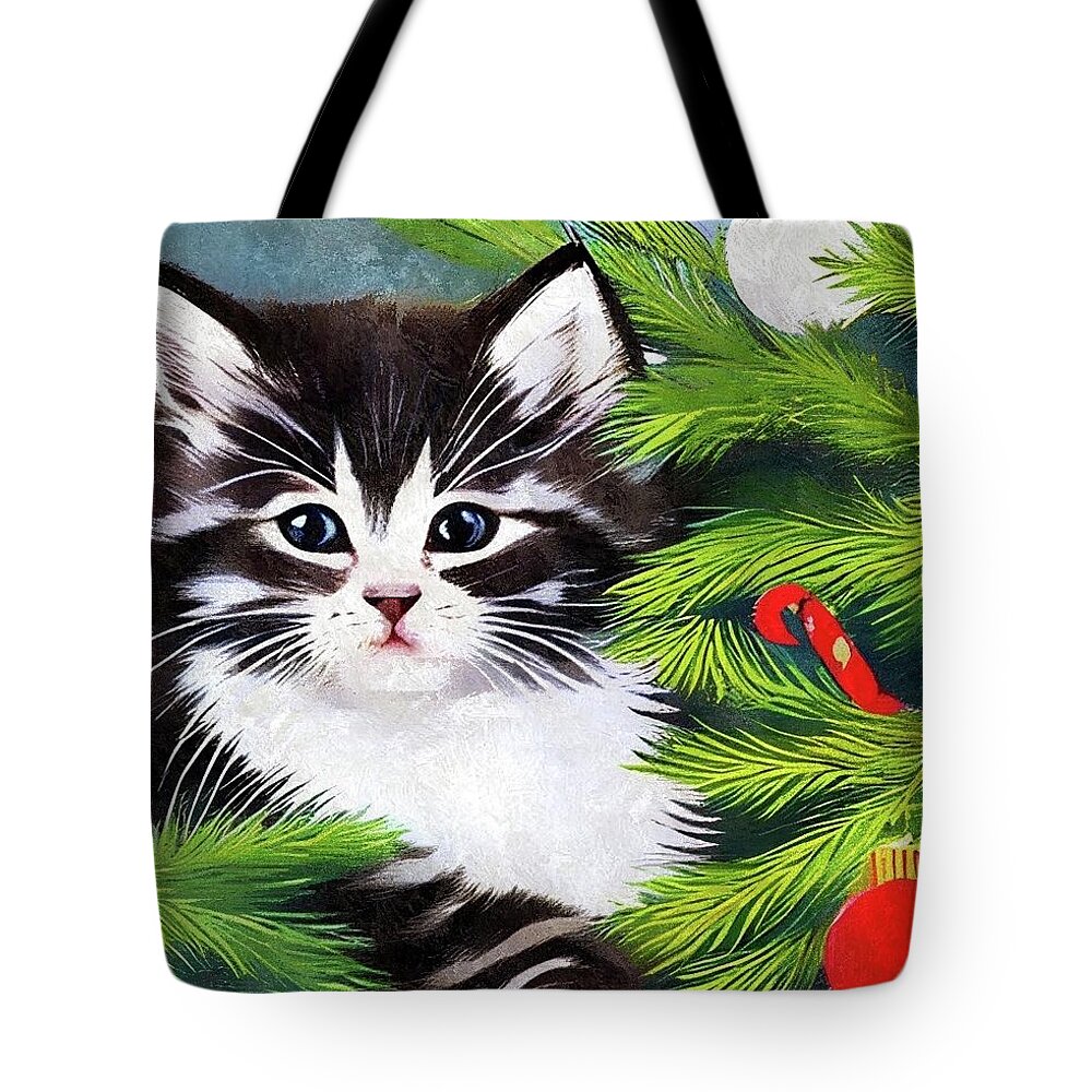 Kitten Tote Bag featuring the digital art Cat in the Christmas Tree by Ally White