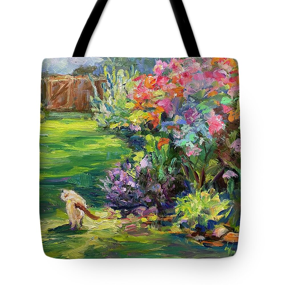 Cat Tote Bag featuring the painting Cat in the Garden by Madeleine Shulman