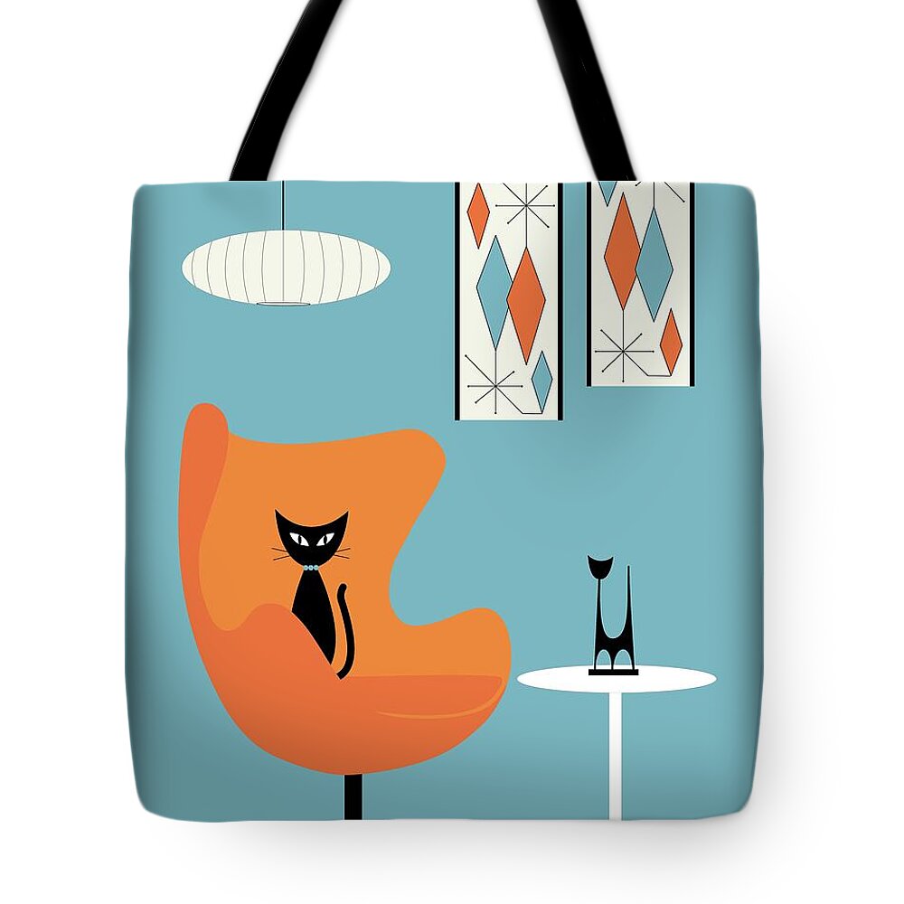 Mid Century Modern Tote Bag featuring the digital art Cat in Turquoise Room by Donna Mibus