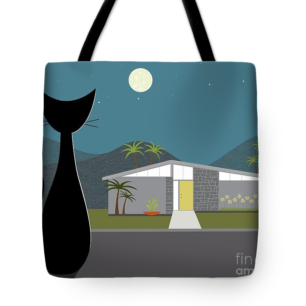 Black Cat Tote Bag featuring the digital art Cat Looking at Gray Mid Century Modern House by Donna Mibus