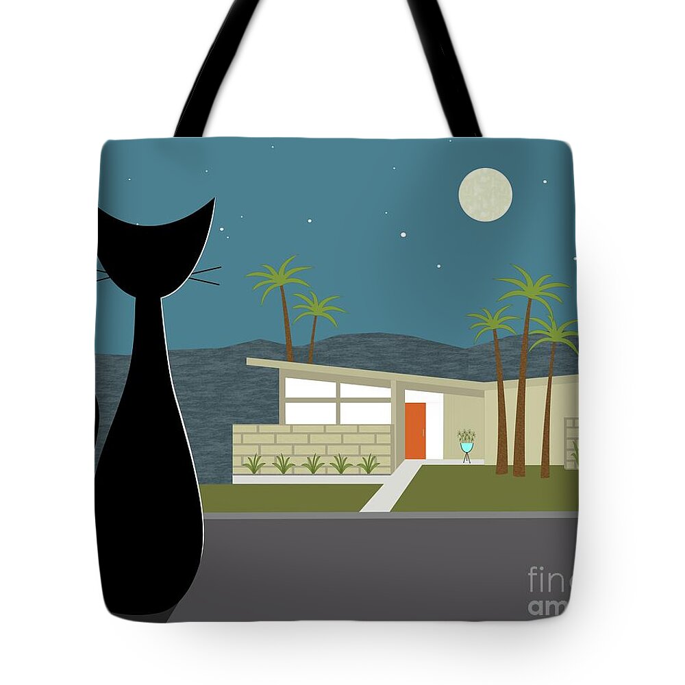 Cat Tote Bag featuring the digital art Cat Looking at Mid Century Modern House by Donna Mibus