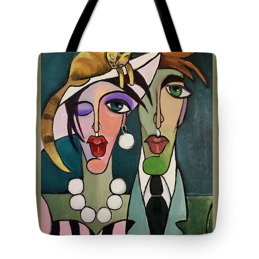 Cat Tote Bag featuring the painting Cat lovers by Lana Sylber