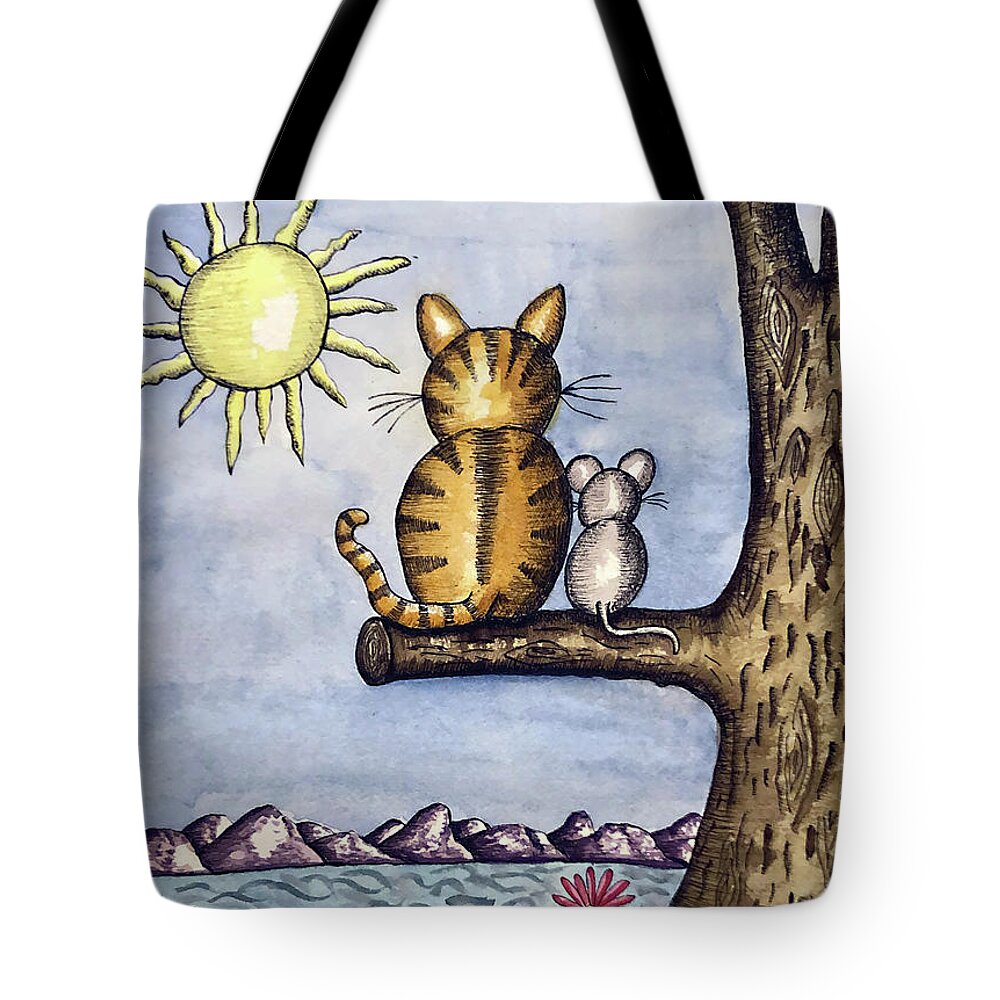 Childrens Art Tote Bag featuring the painting Cat Mouse Sun by Christina Wedberg